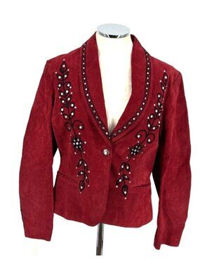 Cripple Creek Red Suede Leather Jacket Sz L Silver Metal Embellishment